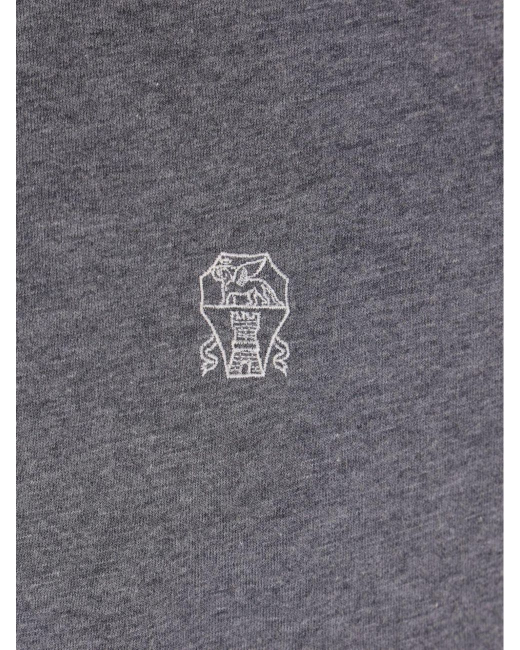 Brunello Cucinelli Gray Logo Embroidered Long-Sleeved Polo Shirt for men