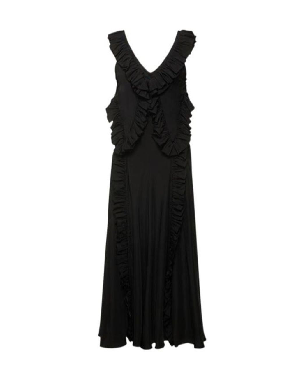Jil Sander Black Washed Satin Frill Midi Dress