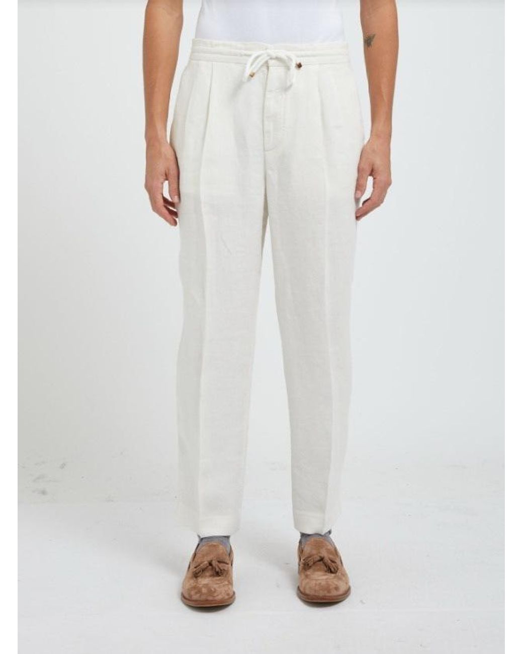 Brunello Cucinelli White Elasticated Waistband Drawstring Pants for men