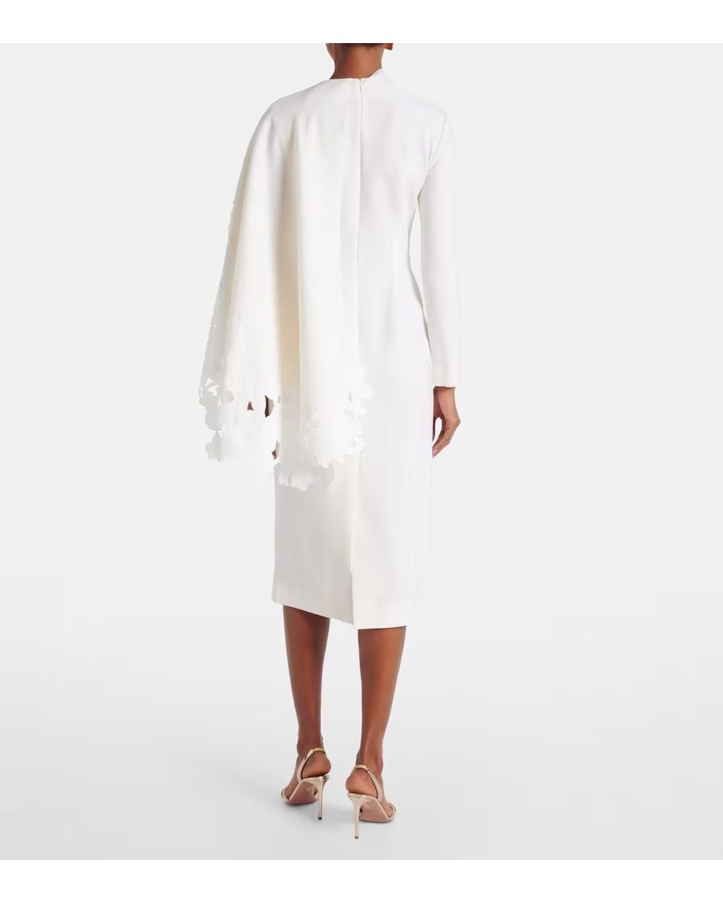 Oscar de la Renta White Cape-Detail Wool-Blend Midi Dress