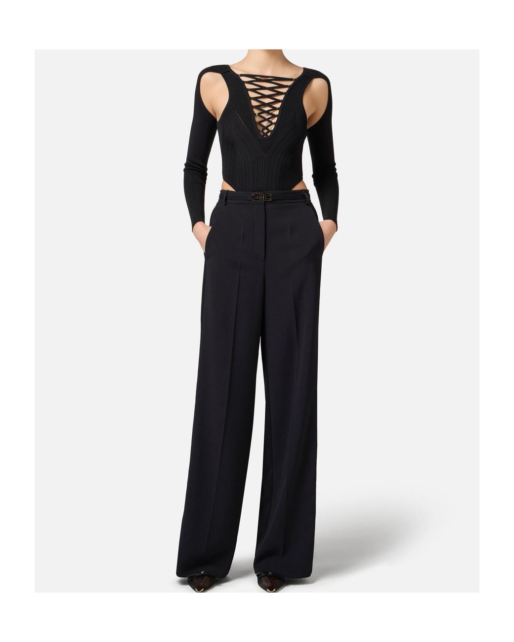 Elisabetta Franchi Black Satin Banded Crêpe Trousers