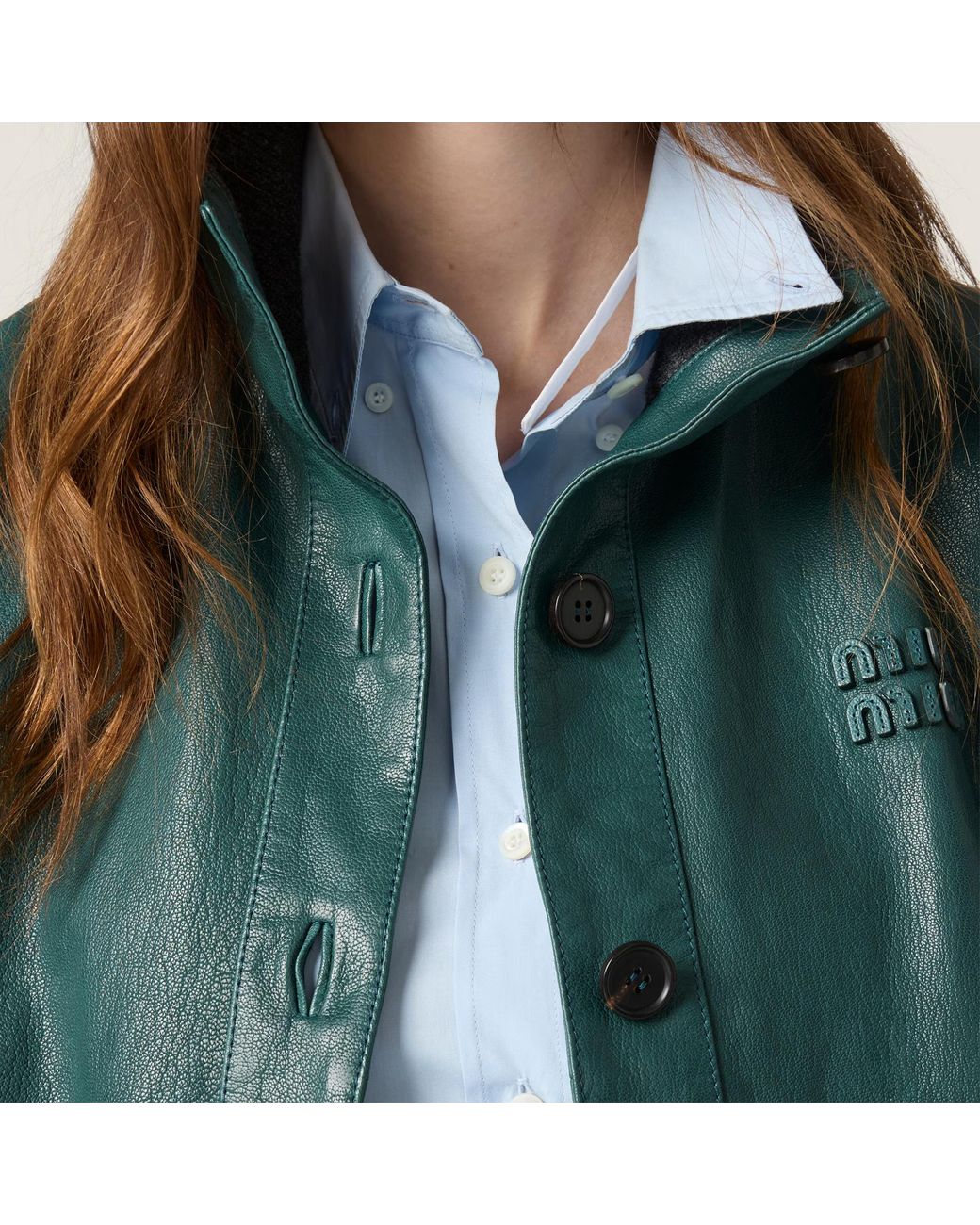 Miu Miu Green Long-Sleeved Leather Jacket