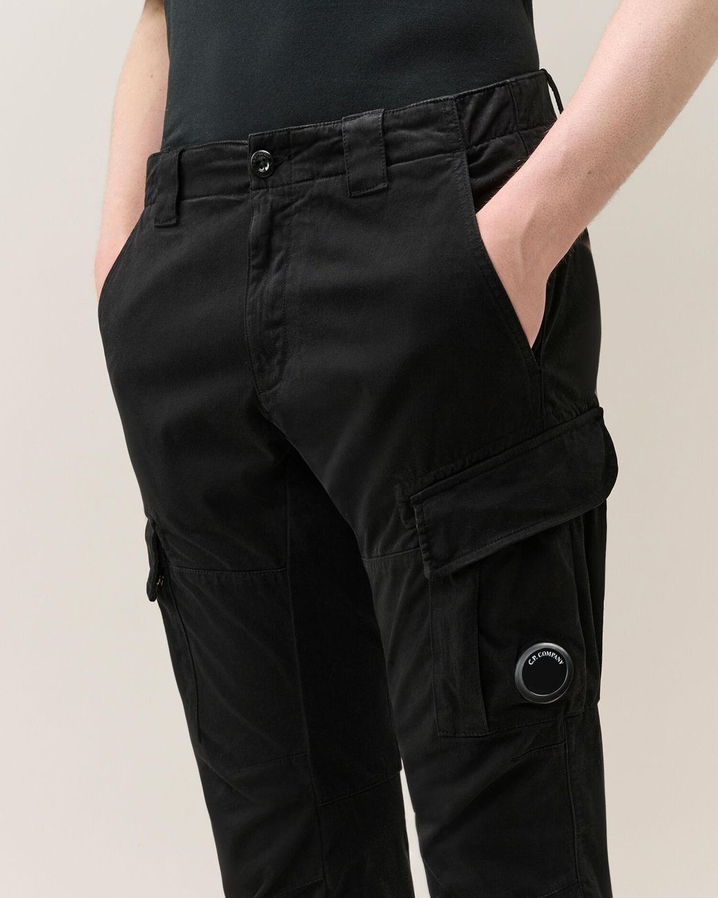 C P Company Black Ergonomic Stretch Satin Work Trousers for men