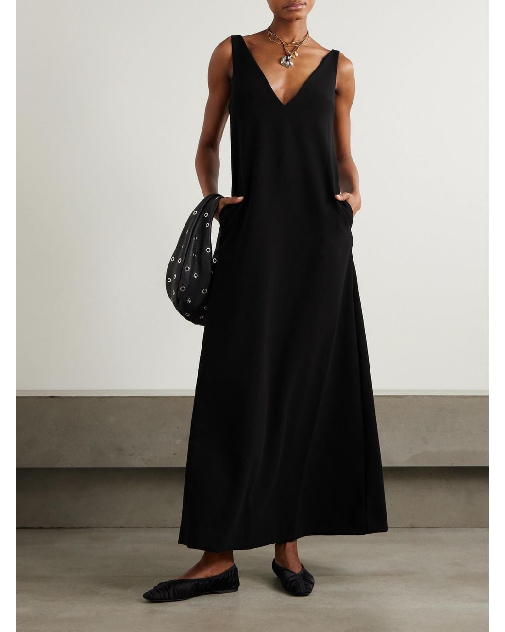 Staud Black Comfortable V-Neck Long Dress