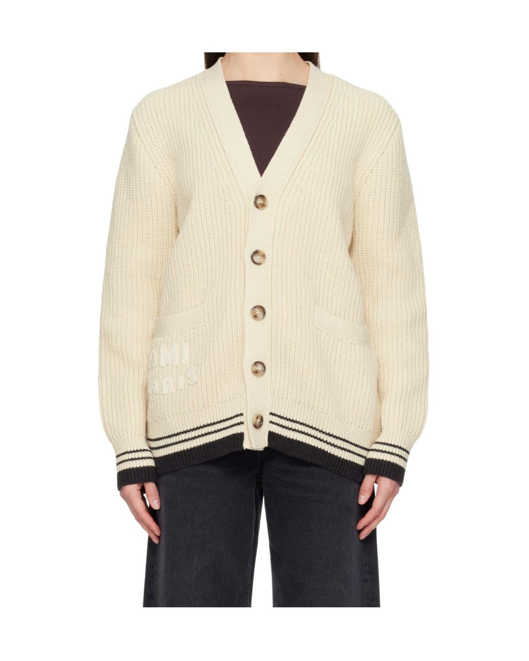 AMI Natural V-Neck Long Sleeved Cardigan