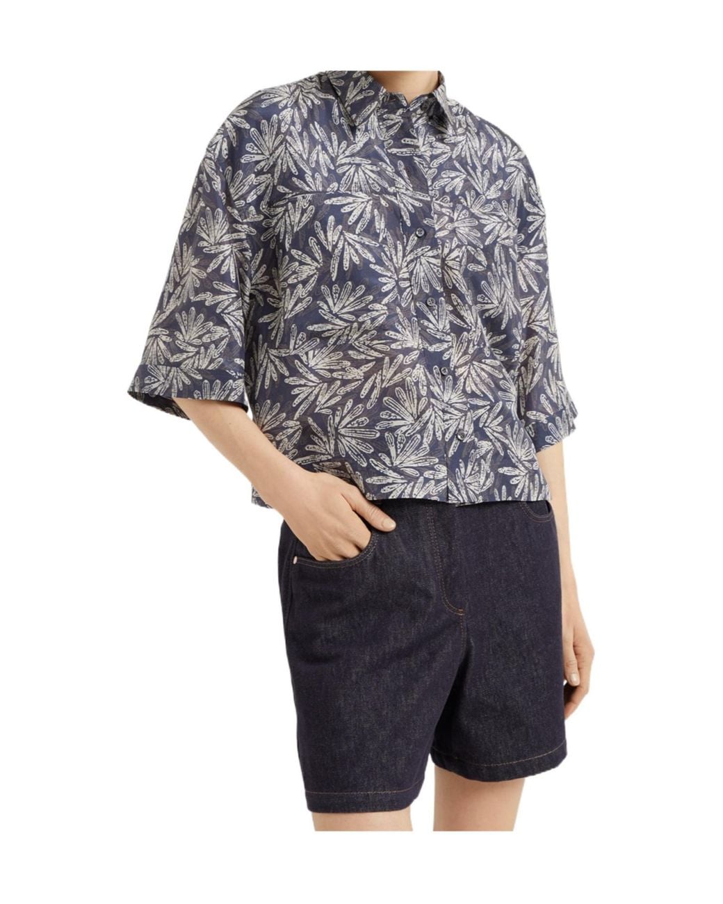 Brunello Cucinelli Blue Leaf-Print Silk Shirt
