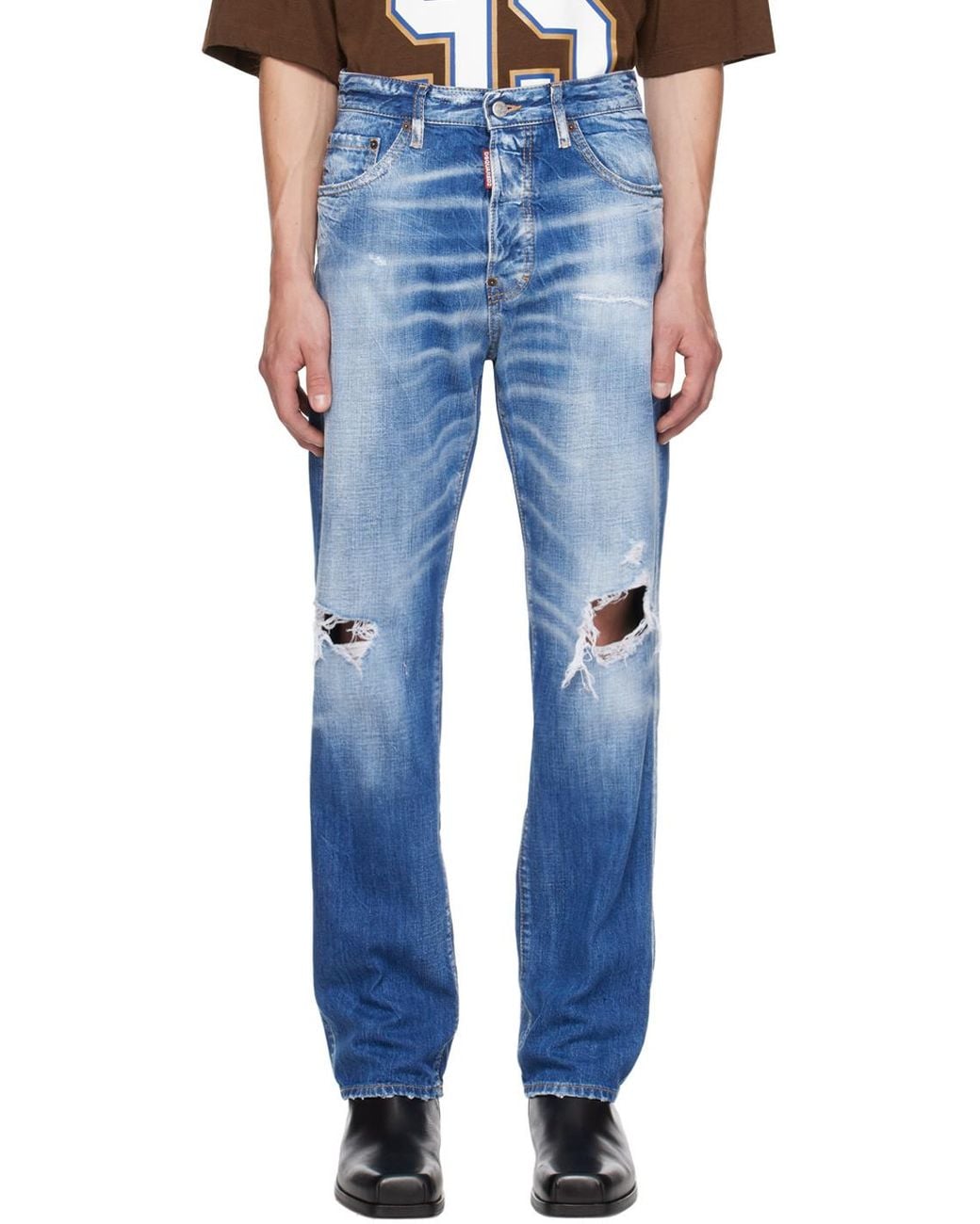 DSquared² Blue Distressed Straight-Leg Jeans for men