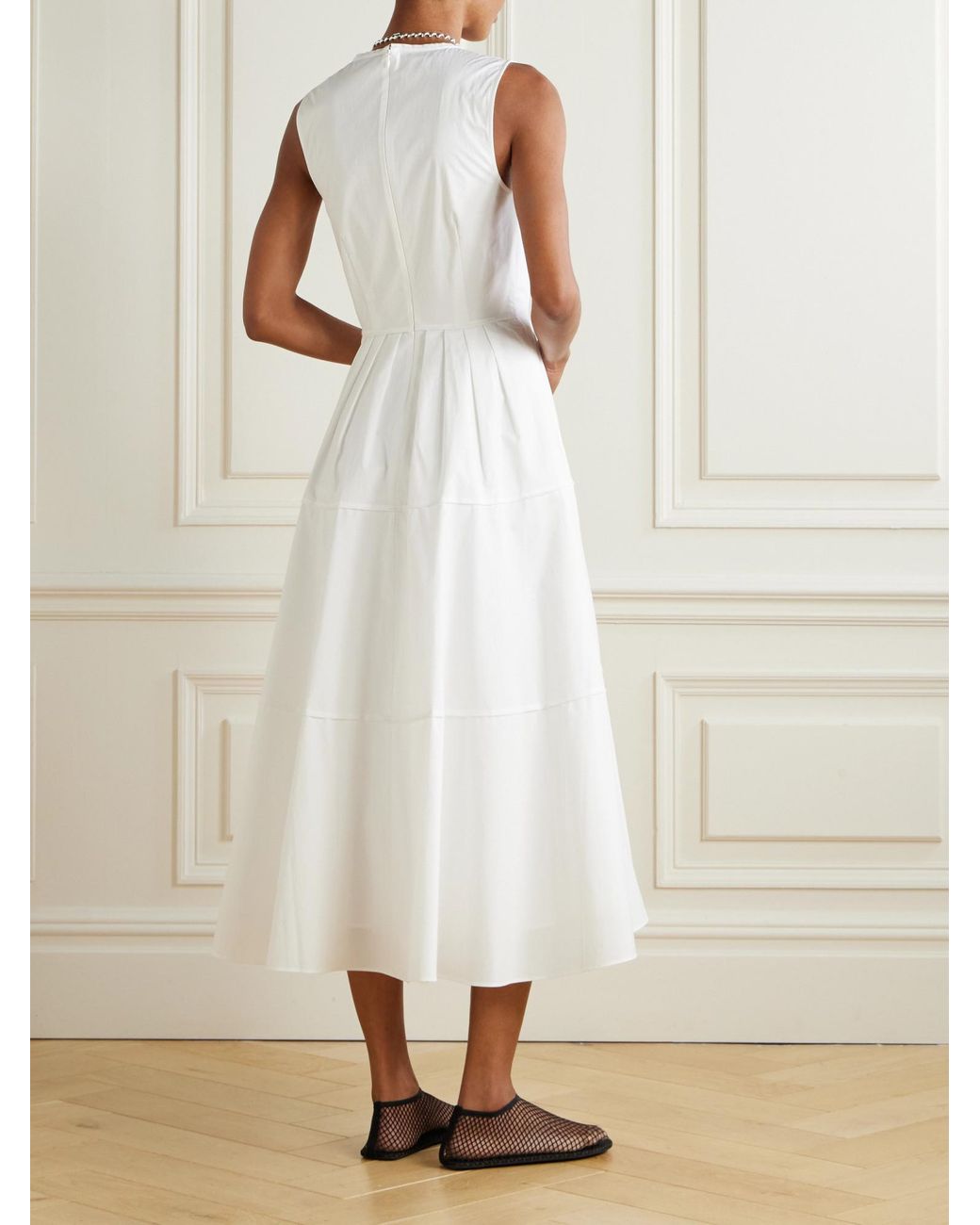 Proenza Schouler White Pleated V-Neck Waist-Cinching Dress