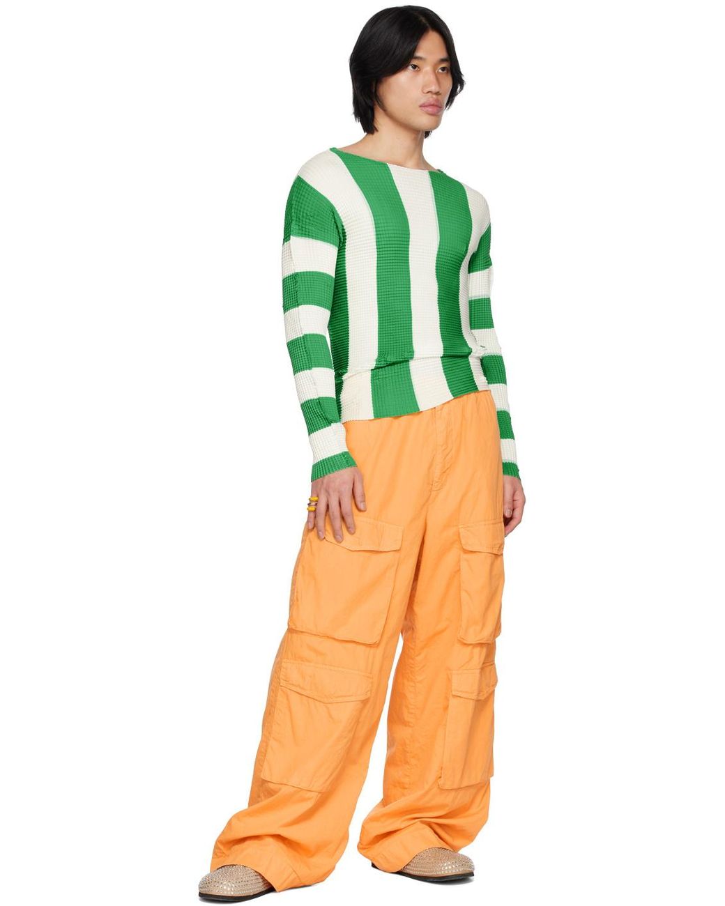 Sunnei Green Pleated Striped T- Shirt for men