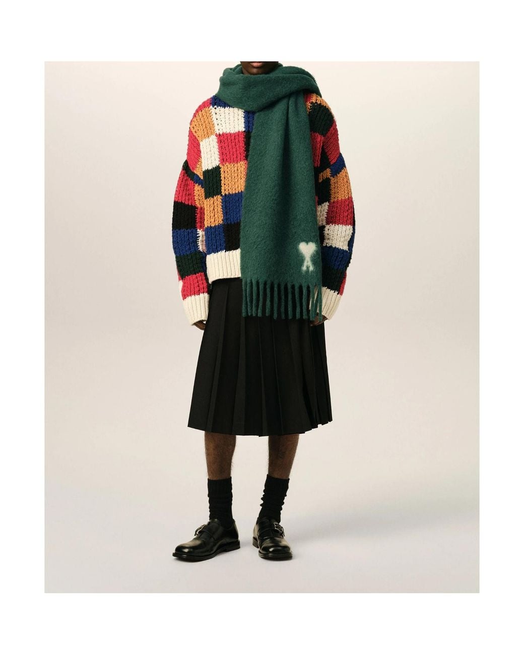 AMI Green Ami Ami De Coeur Fringed Scarf