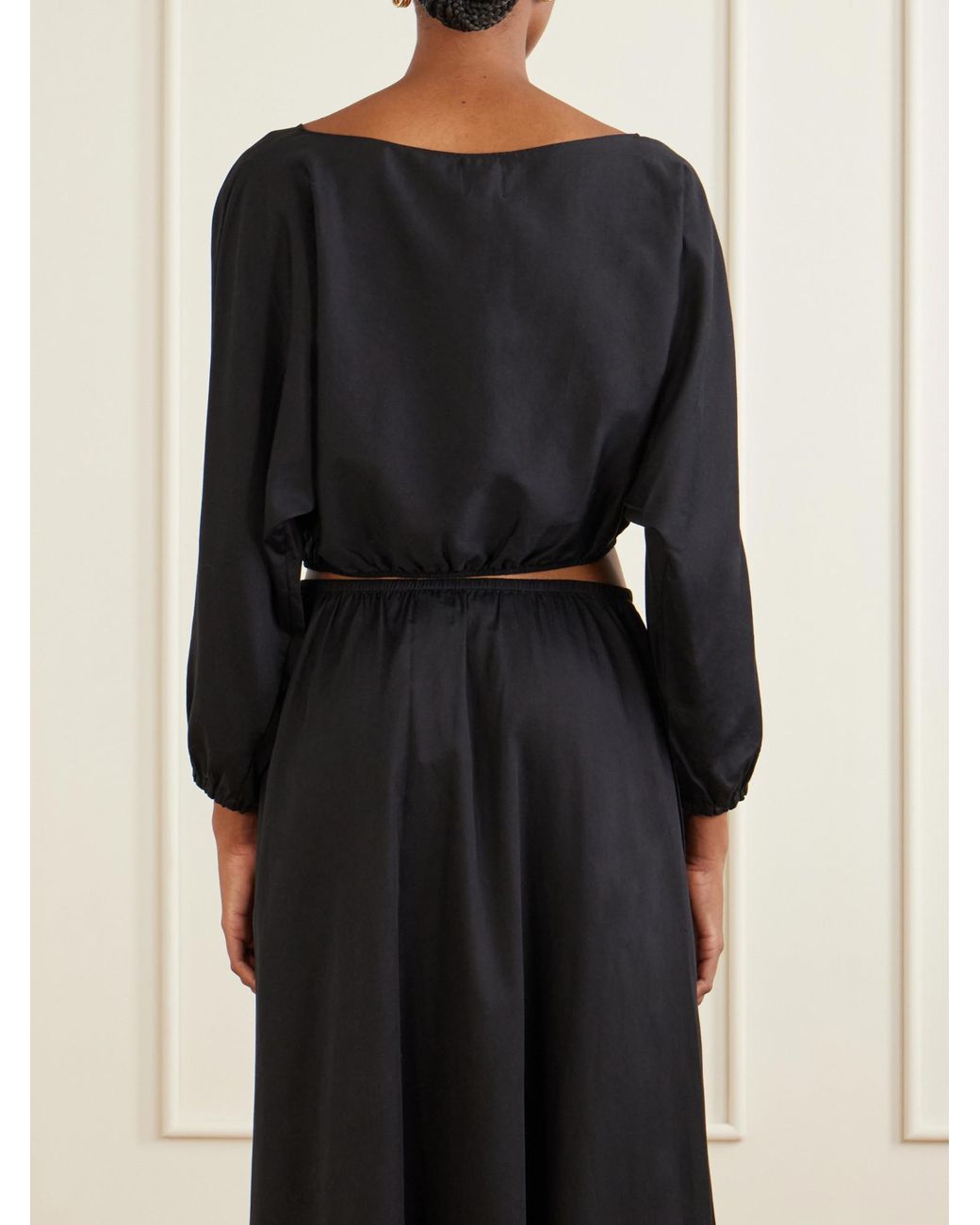 Leset Black Yoko Cropped Gathered Cotton-Poplin Top