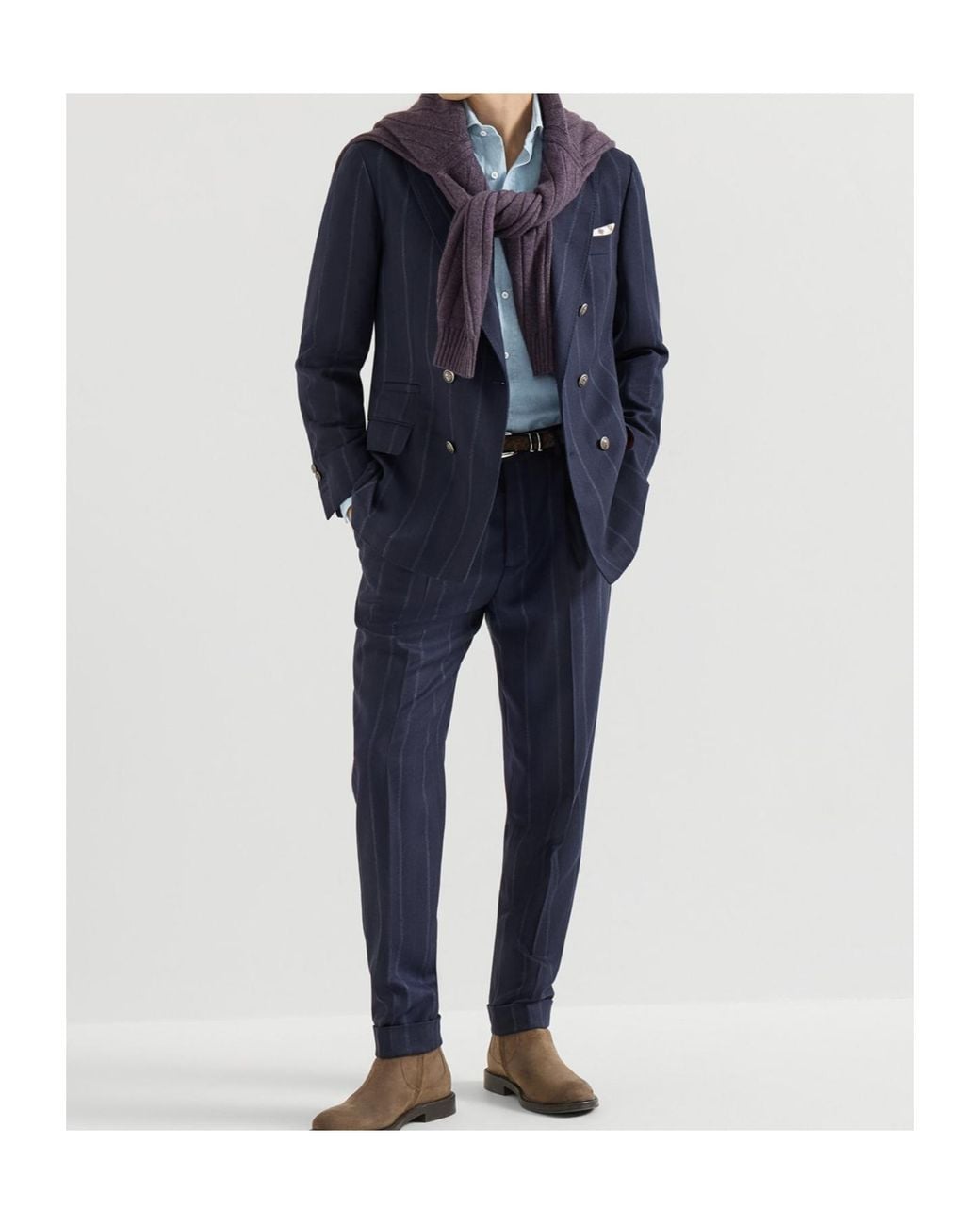 Brunello Cucinelli Blue Cashmere And Virgin Wool Multistripe Twill One-And-A-Half Breasted Deconstructed Blazer With Metal Buttons for men