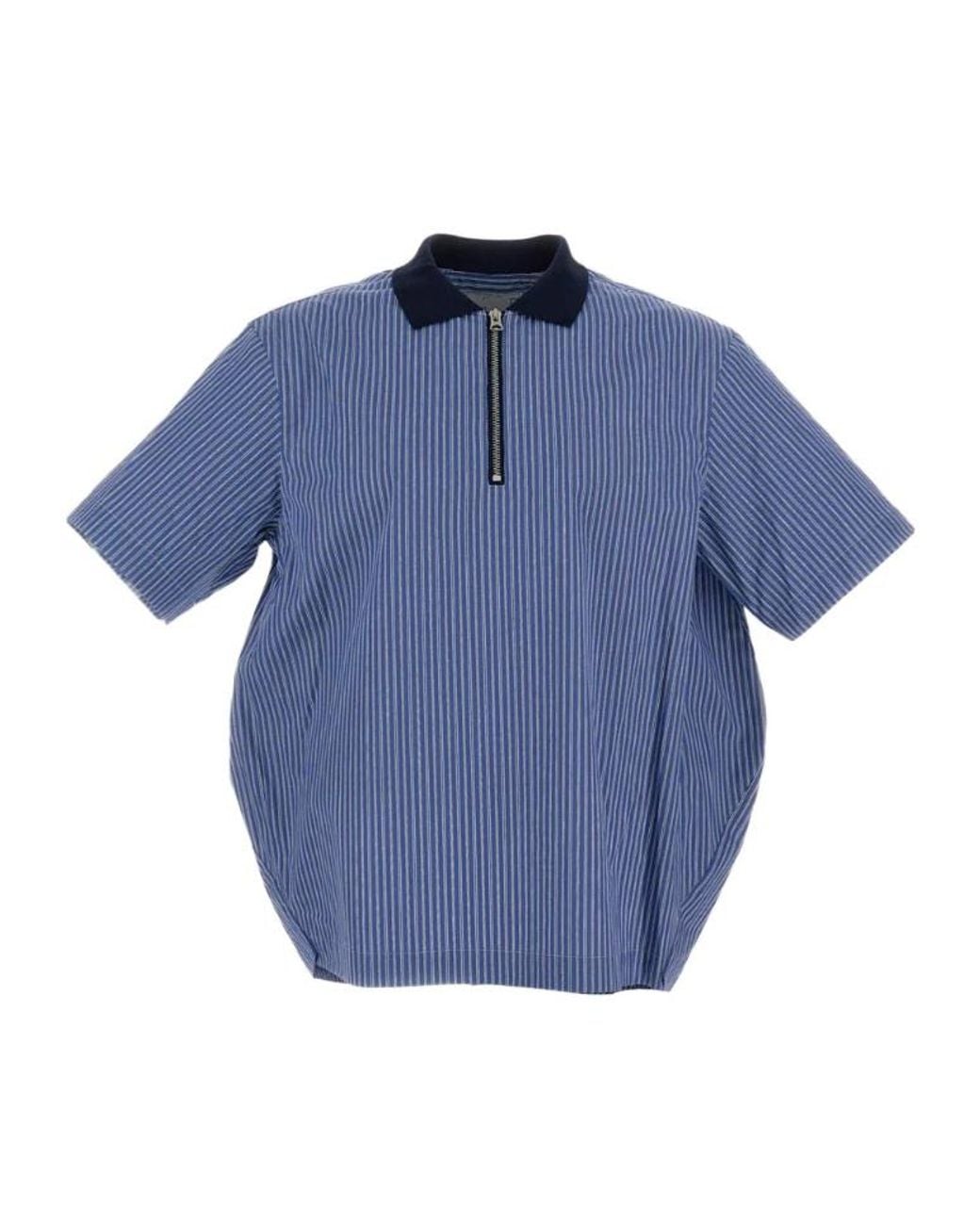 Sacai Blue Half-Zip Striped Polo Shirt for men