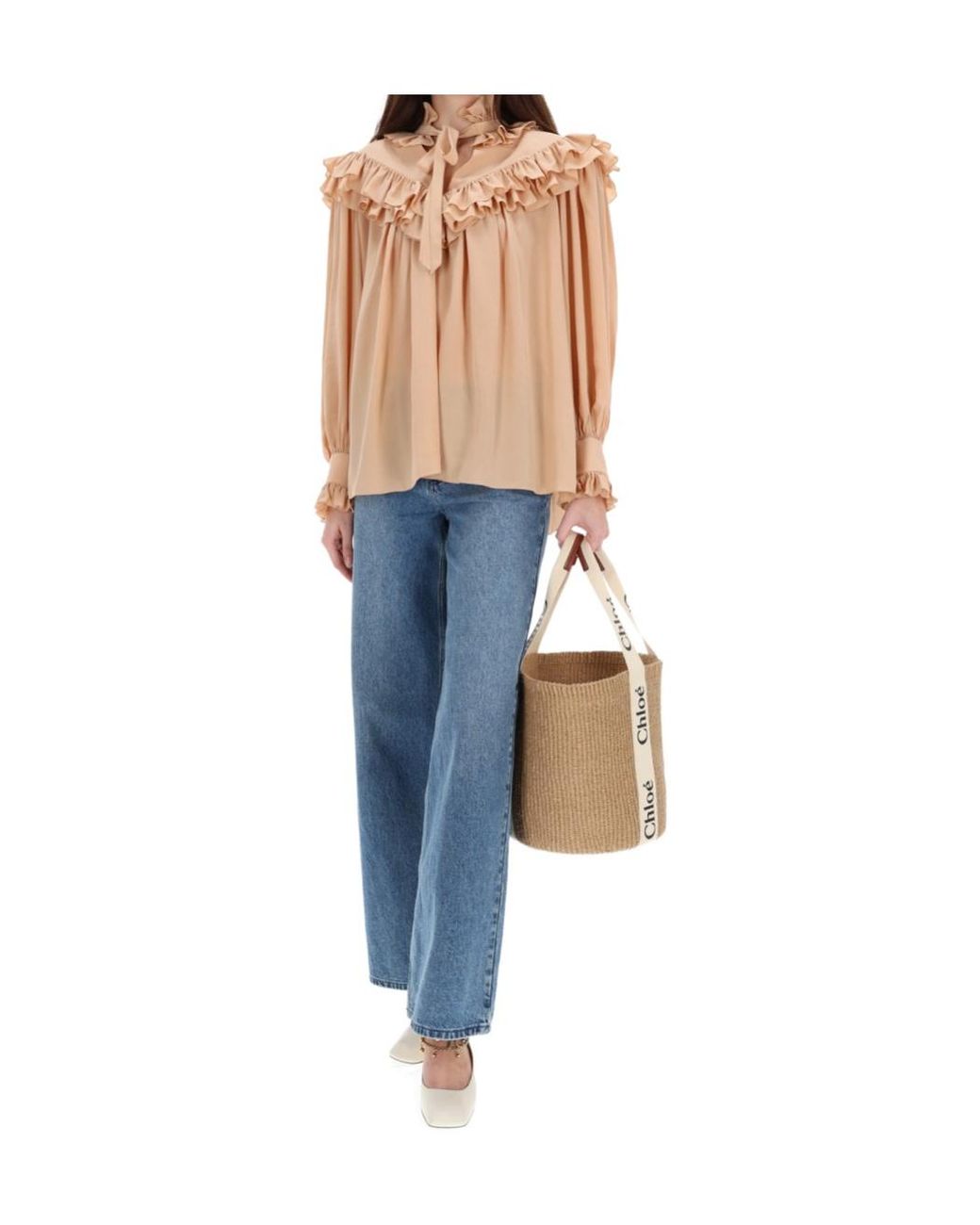 Chloé Natural Oversized Crêpe De Chine Ruffle Top