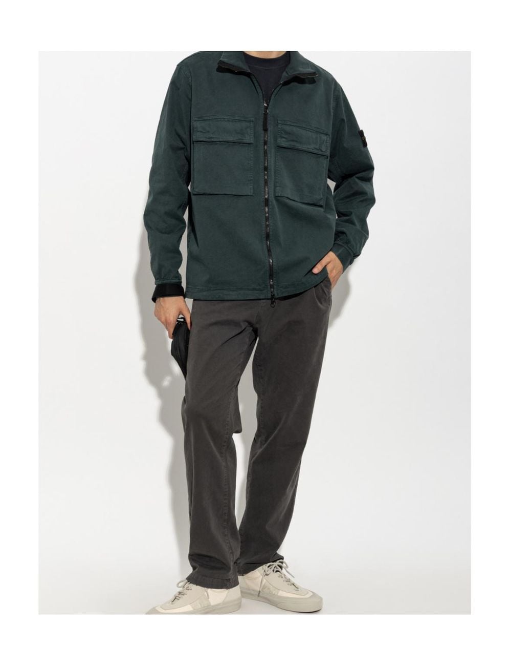 Stone Island Green Logo Patch Zip-Up Overshirt for men