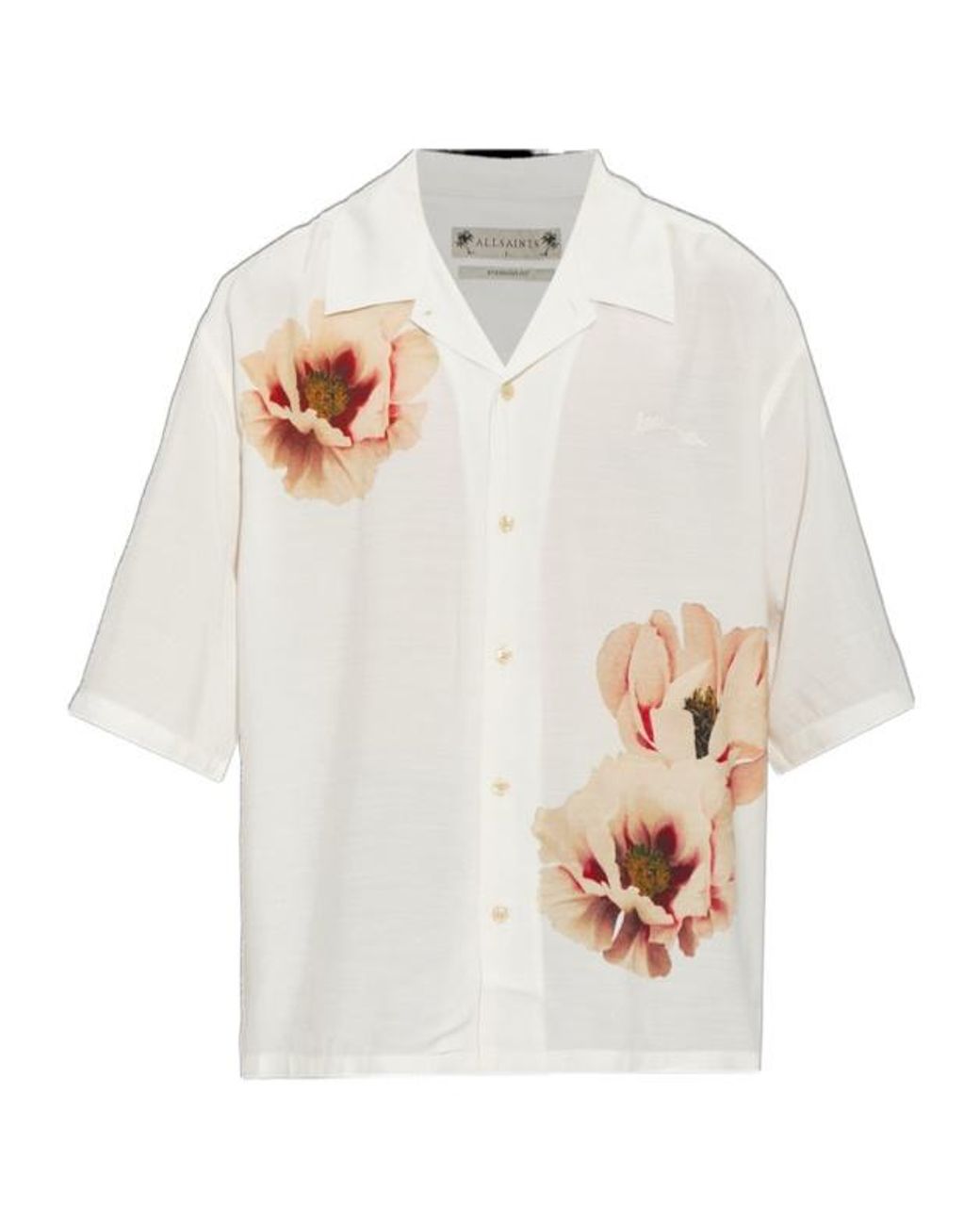 AllSaints White Floral Camp Collar Short Sleeve Shirt for men