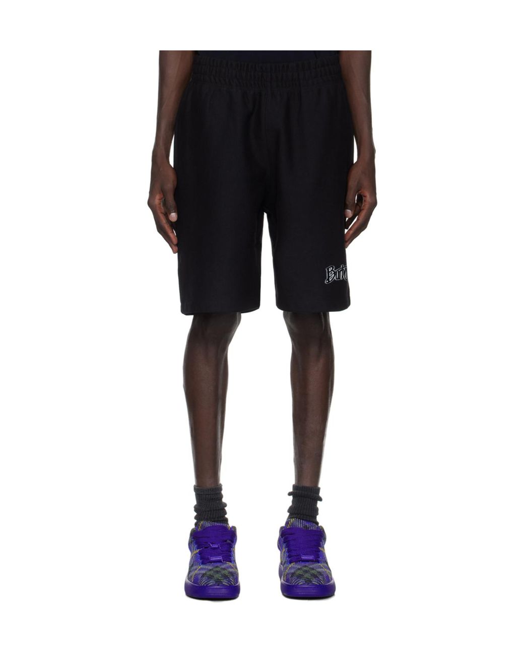 Burberry Black Flocked-Logo Cotton-Blend Shorts for men