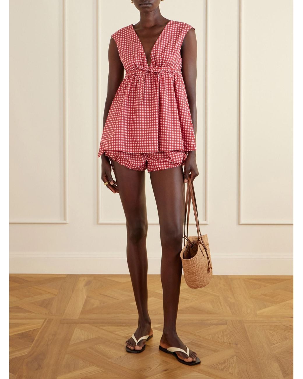 Posse Red Rosie Tie-Detailed Checked Cotton-Poplin Shorts