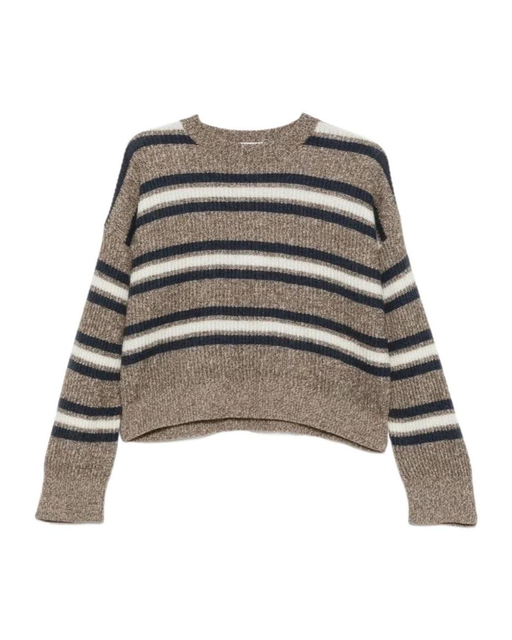 Brunello Cucinelli Gray Striped Crew-Neck Sweater