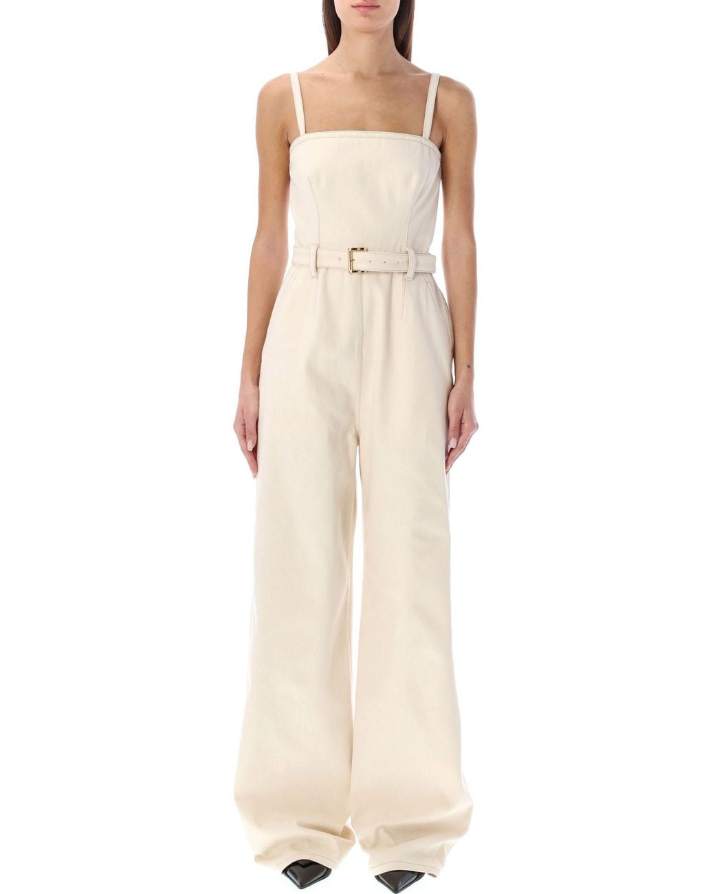 Prada White Belted-Waist Sleeveless Tailored Jumpsuit