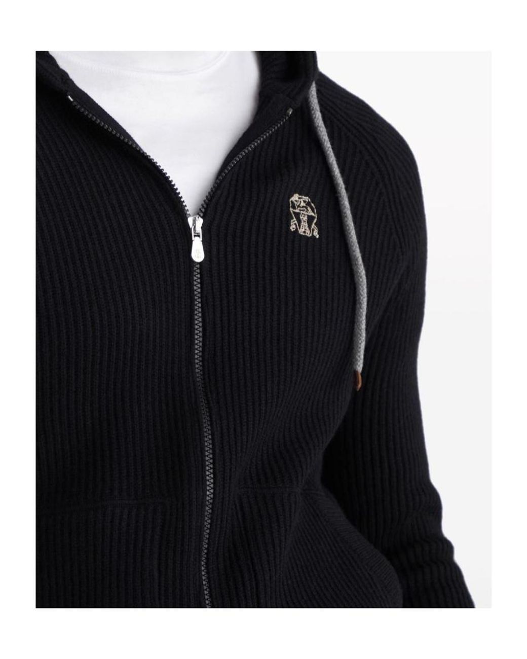 Brunello Cucinelli Blue Logo Embroidered Zipped English Rib Knit Hooded Sweatshirt for men