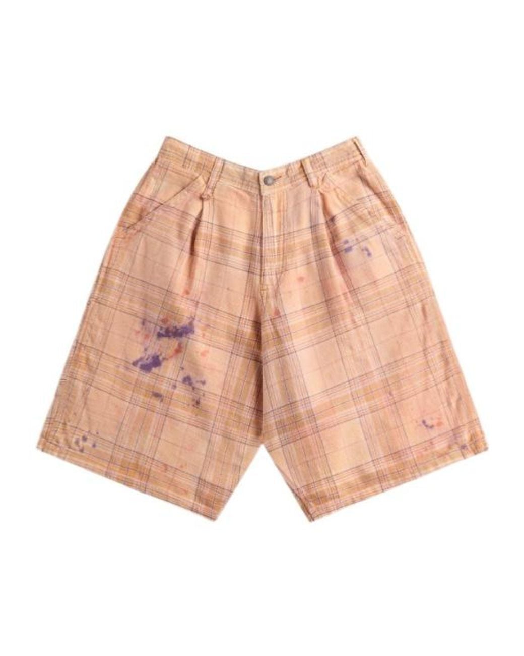 R13 Pink Paint-Splatter Plaid Shorts
