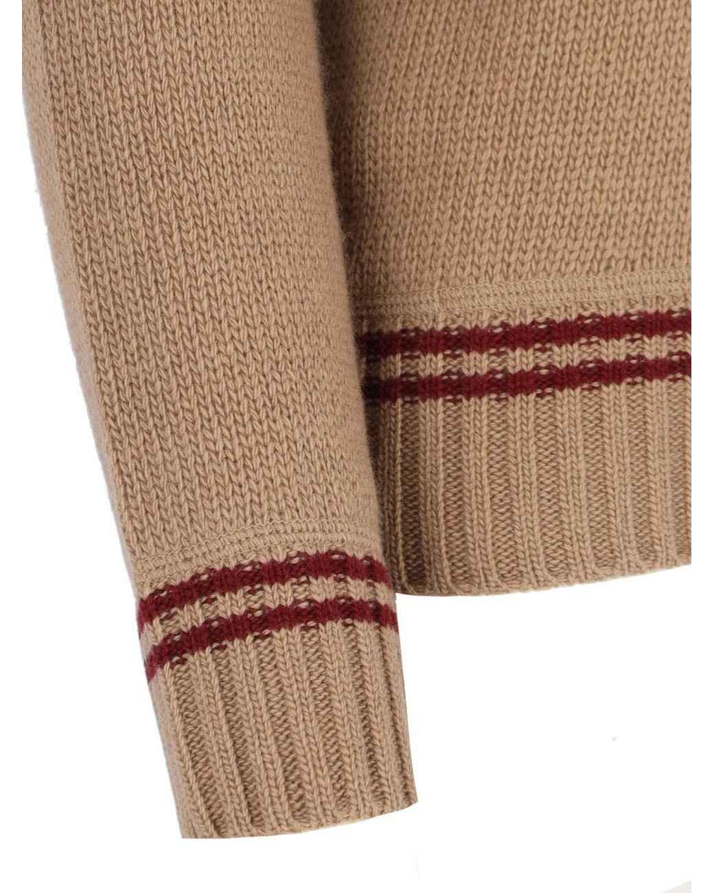 Prada Brown Logo-Intarsia Striped-Trim Crewneck Jumper