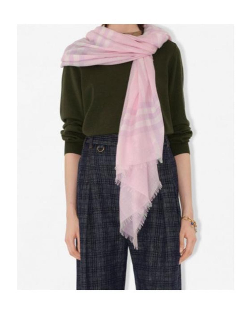 Burberry Pink Check Pattern Frayed-Edge Scarf