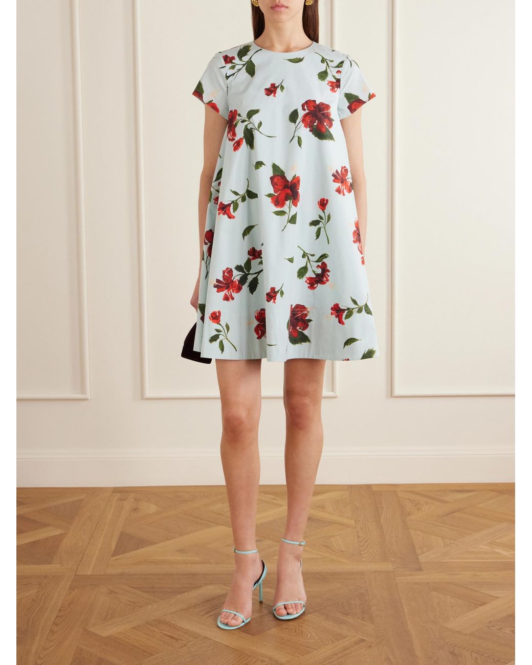 Oscar de la Renta White Floral-Print Cotton-Blend Poplin Mini Dress