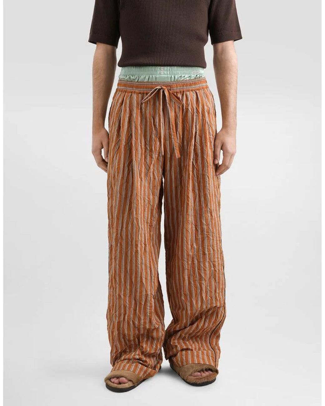 Dolce & Gabbana Brown Striped Crinkle Trousers for men