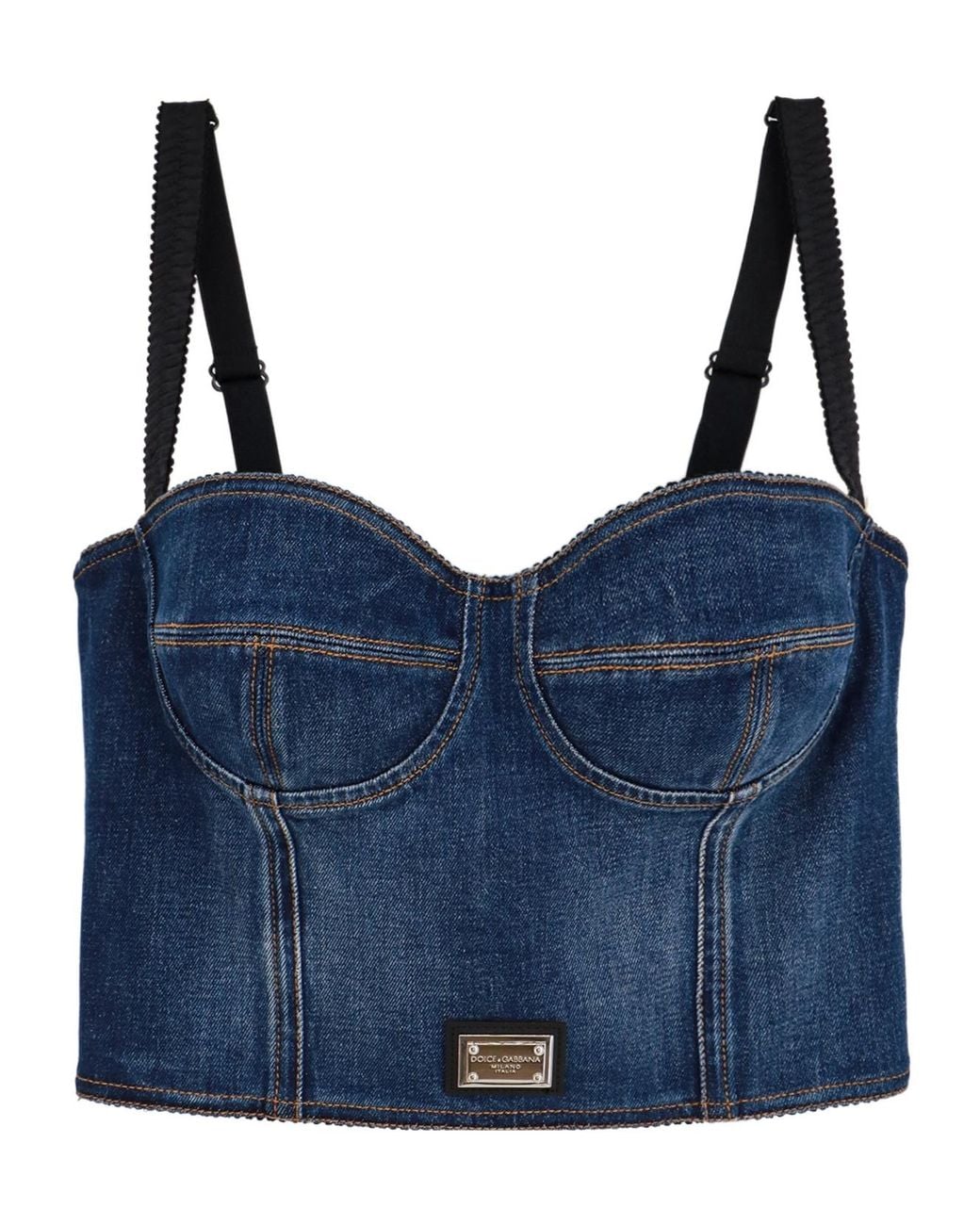 Dolce & Gabbana Blue Logo Plaque Denim Bustier Top