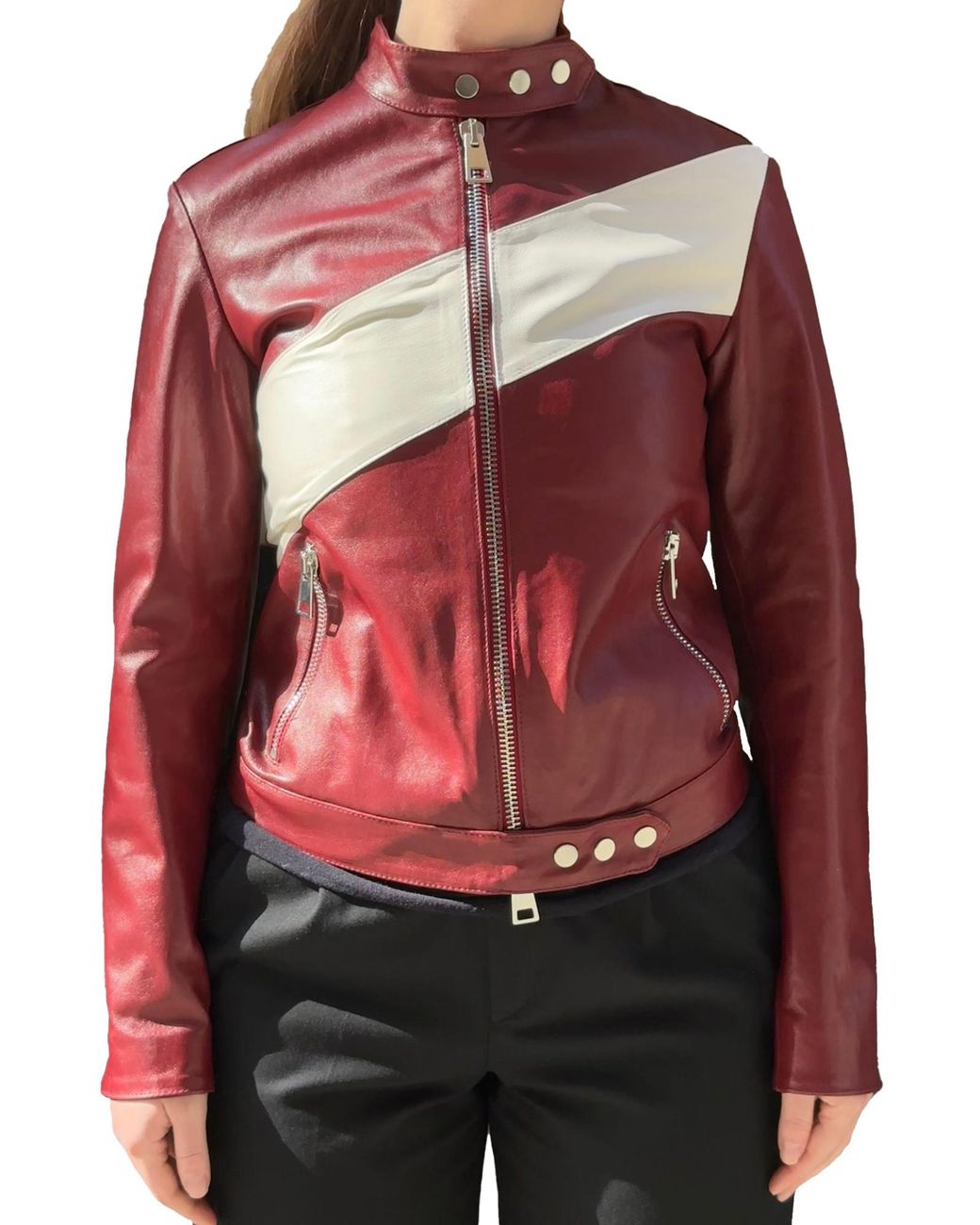Lela Rose Red Zip-Up Leather Jacket