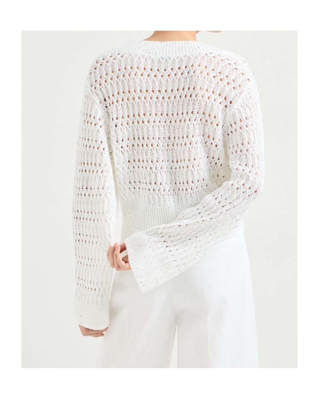 Brunello Cucinelli White Openwork V-Neck Knitted Sweater