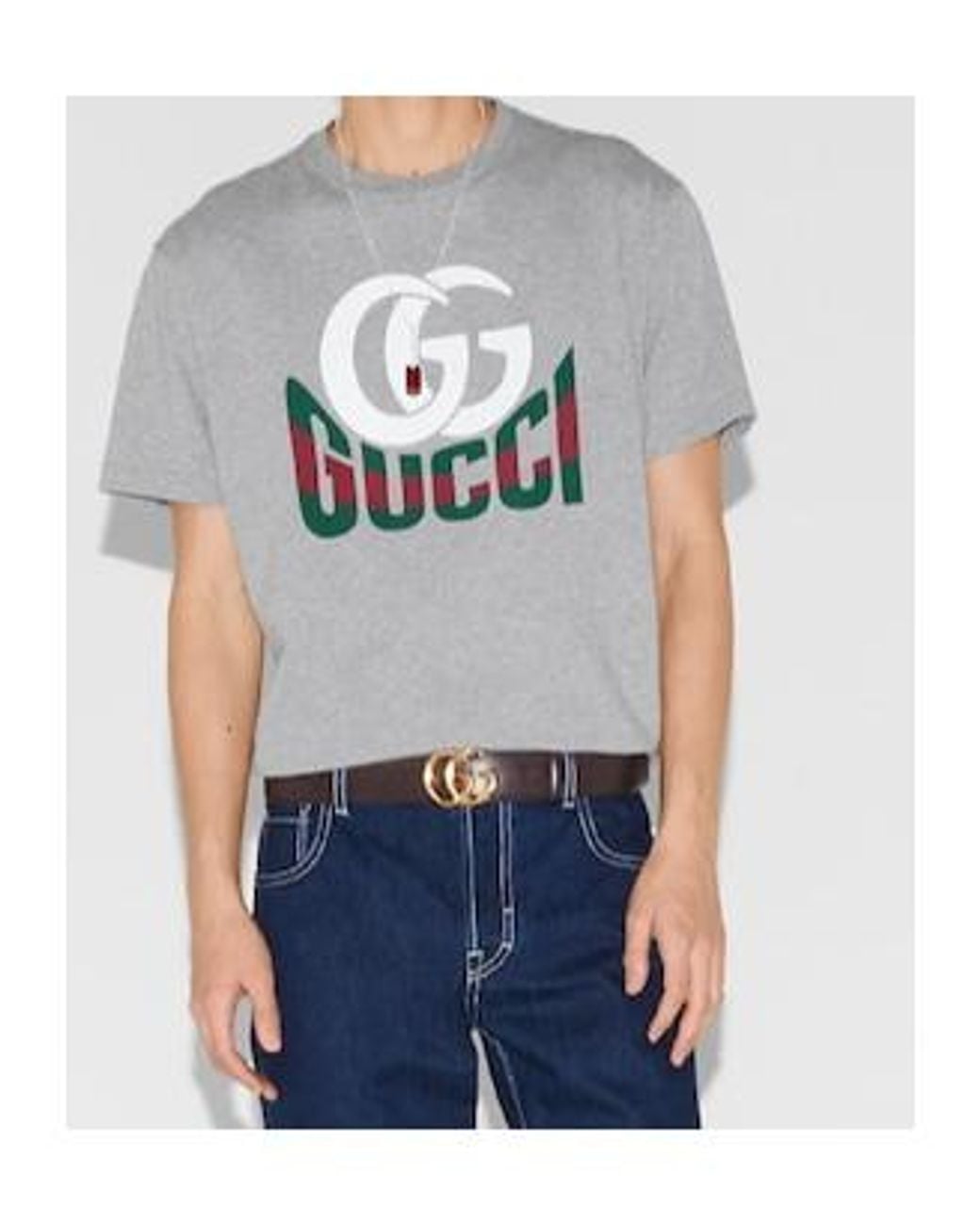 Gucci Gray Crewneck T-Shirt With Maxi Logo Print On The Front for men