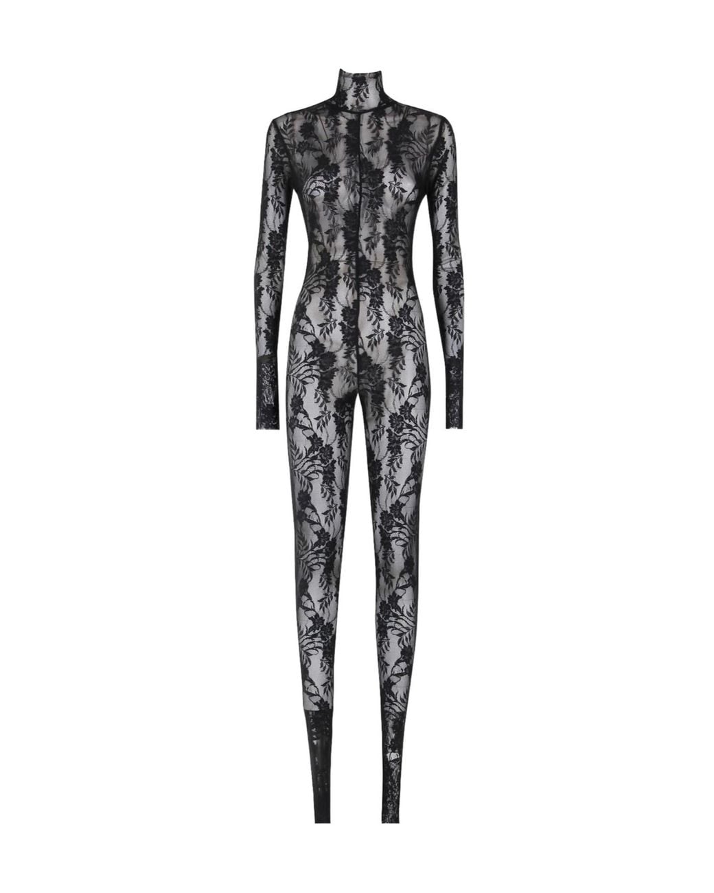 Norma Kamali Black Lace Mesh Long-Sleeve Jumpsuit