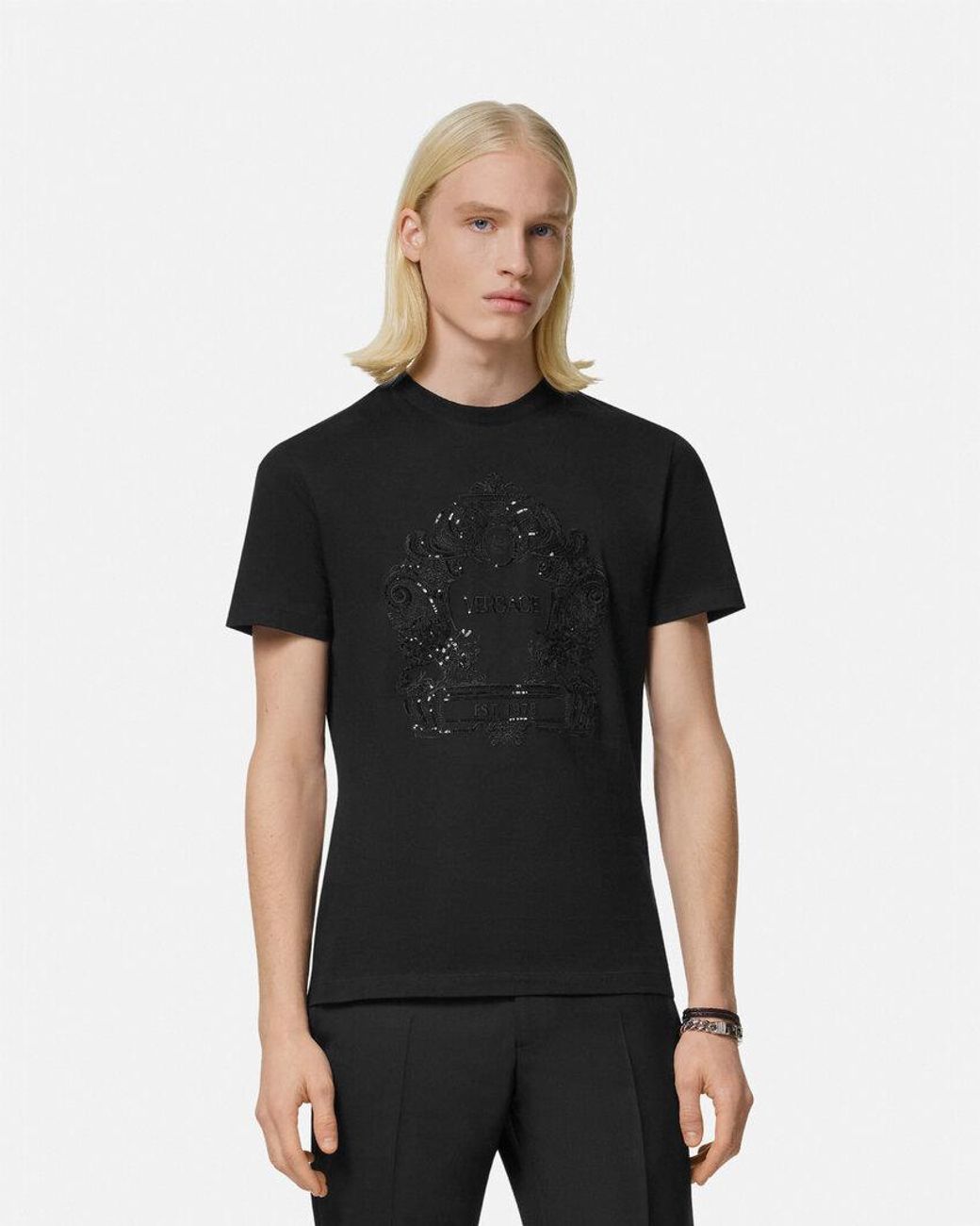 Versace Black Cartouche-Embellished Cotton T-Shirt for men