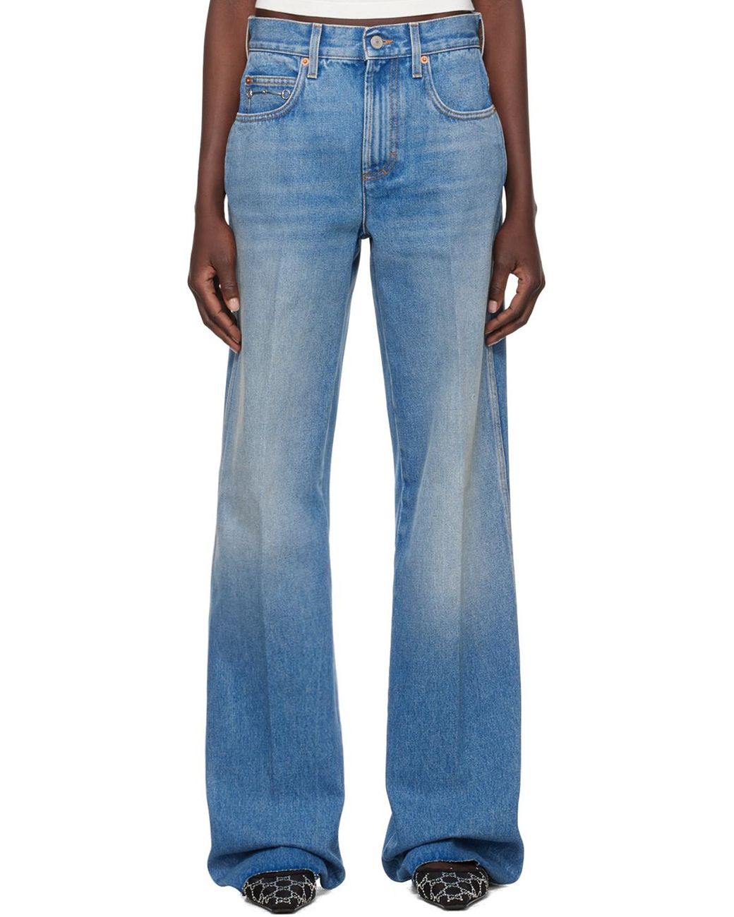 Gucci Blue Logo Patch Wide-Leg Jeans