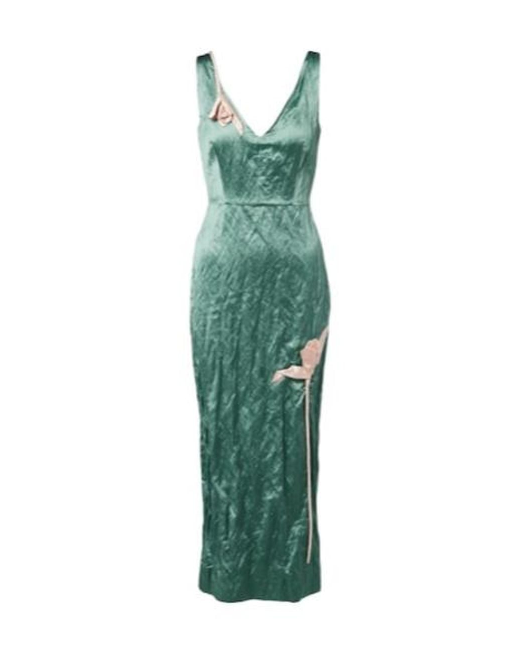 Erdem Green Floral-Appliqué Satin Midi Dress