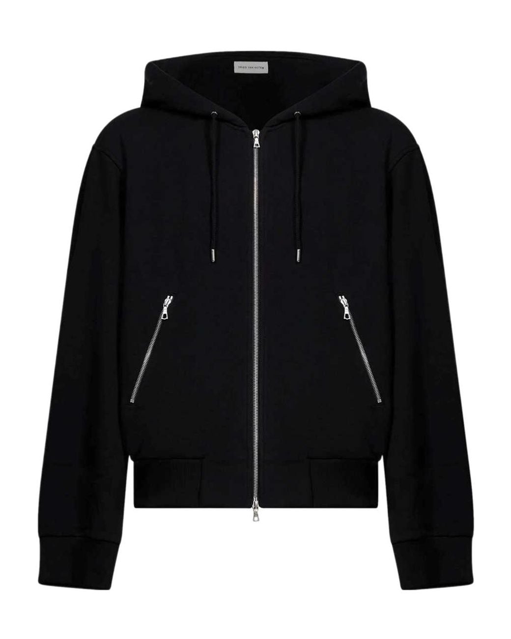 Dries Van Noten Black Long-Sleeve Hooded Sweatshirt for men