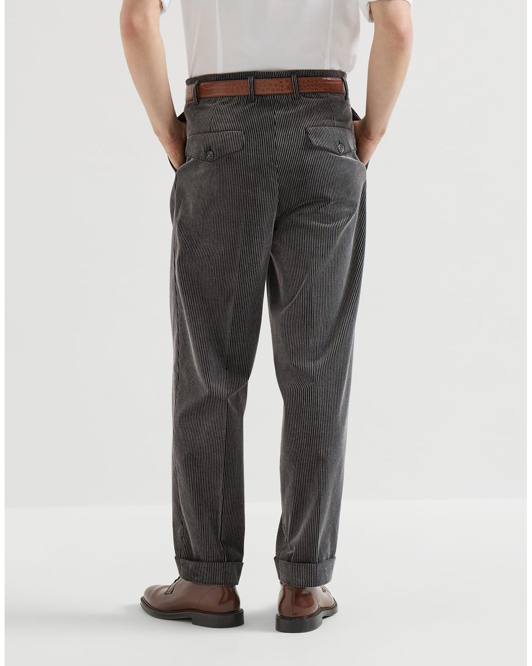 Brunello Cucinelli Gray Frosted Cotton Corduroy Trousers With Double Pleats for men