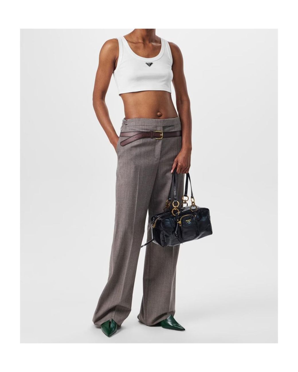 Prada Gray Trompe-L'Oeil High-Waisted Wide-Leg Pants