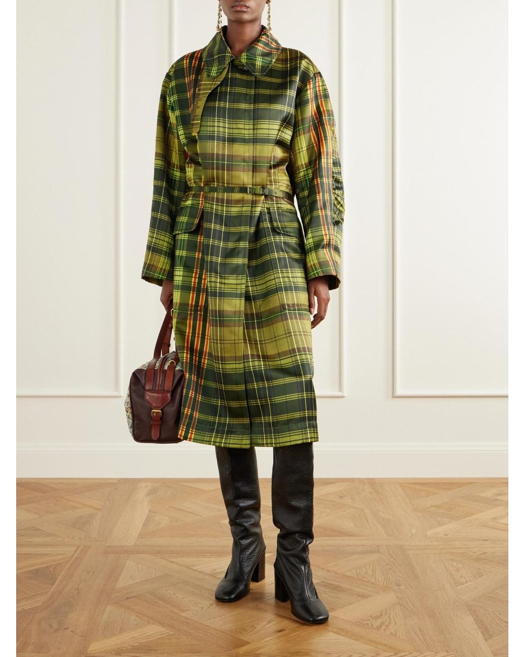 Dries Van Noten Green Belted Checked Duchesse Satin Coat