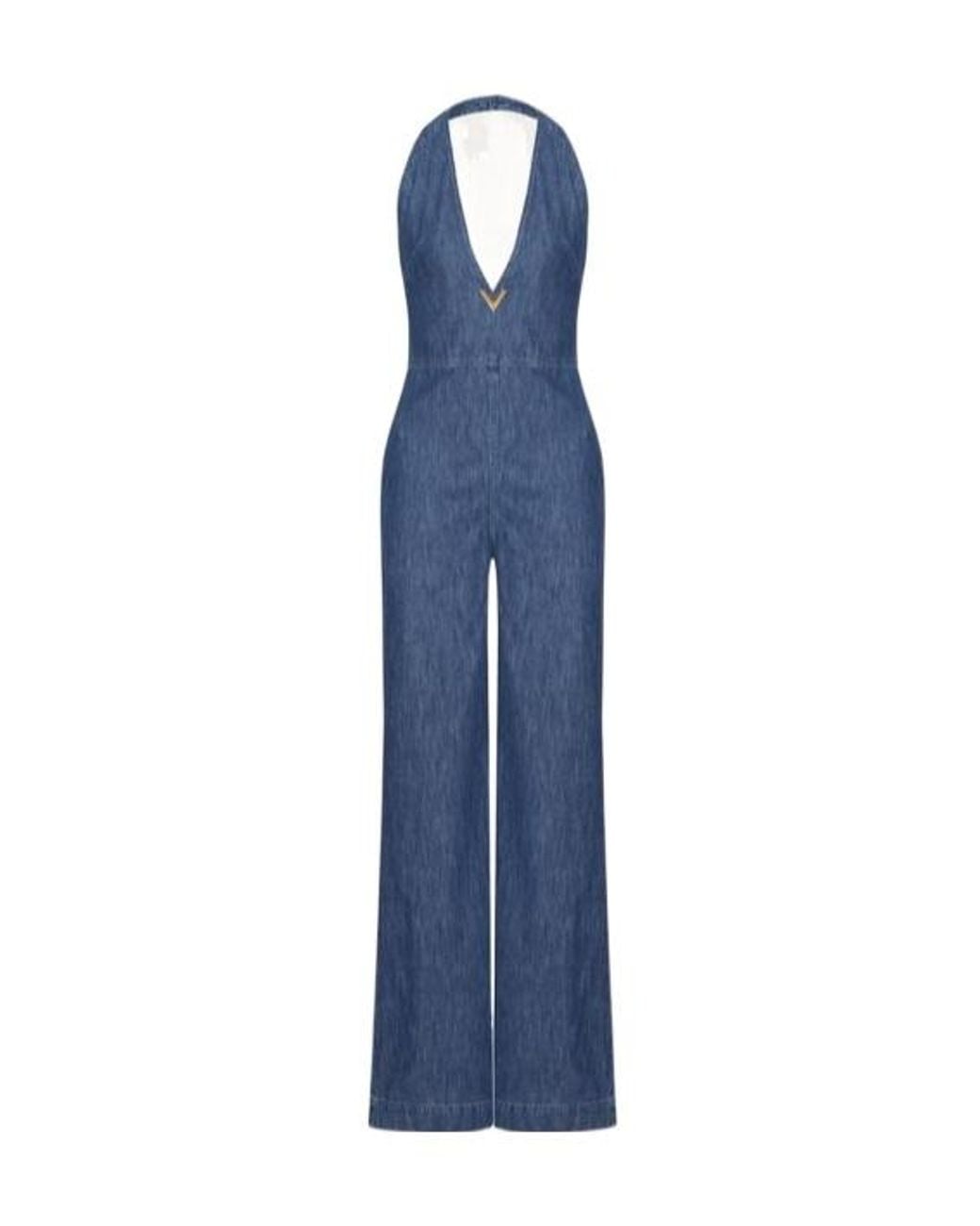 Valentino Blue Logo Plaque Chambray Sleeveless Jumpsuit