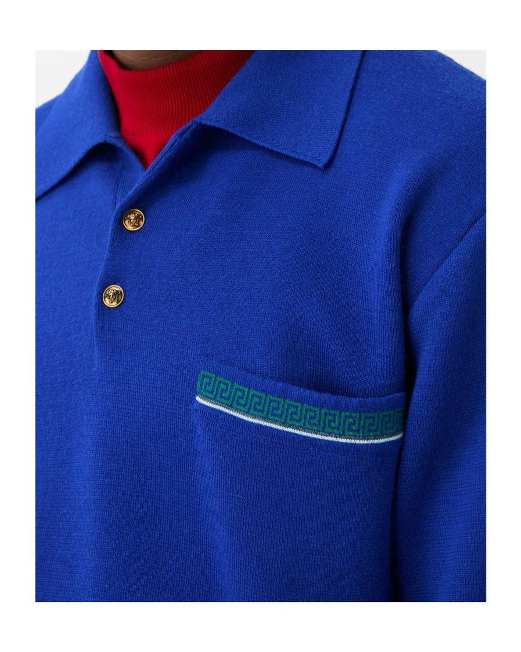 Versace Blue Greca Tipping Polo Knitted Sweater for men