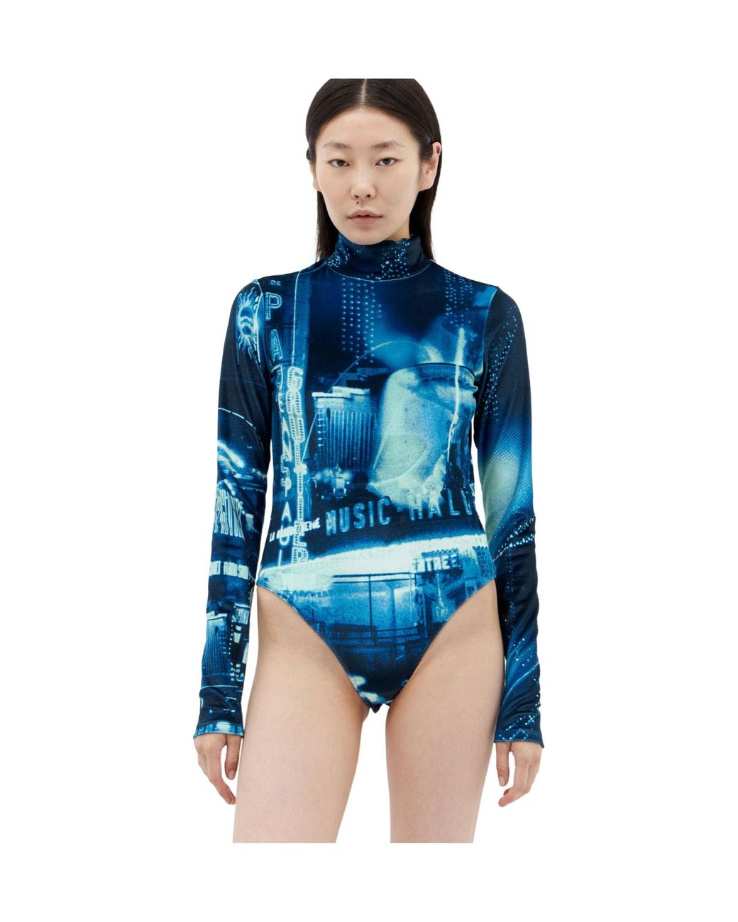 Jean Paul Gaultier Blue Pigalle Printed Velvet Bodysuit