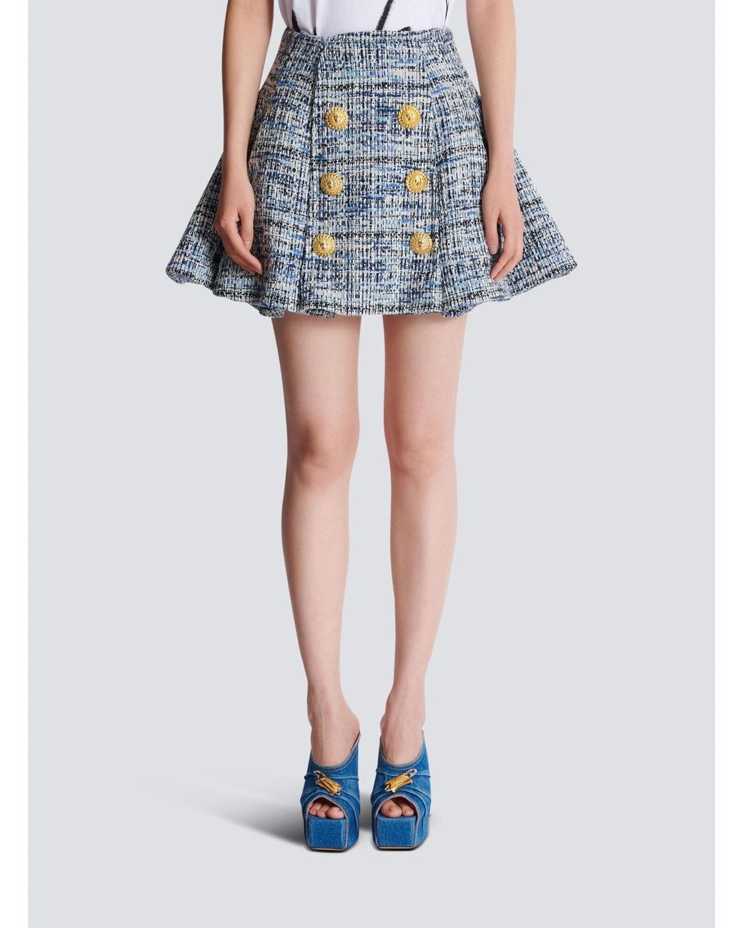 Balmain Blue Tweed Skirt With Pleats