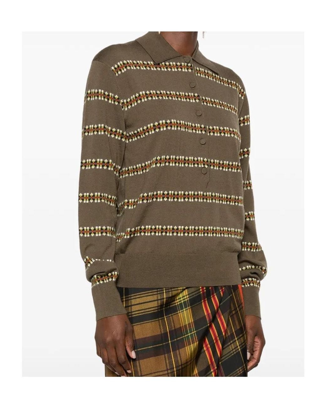 Dries Van Noten Green Striped Knit Polo Shirt