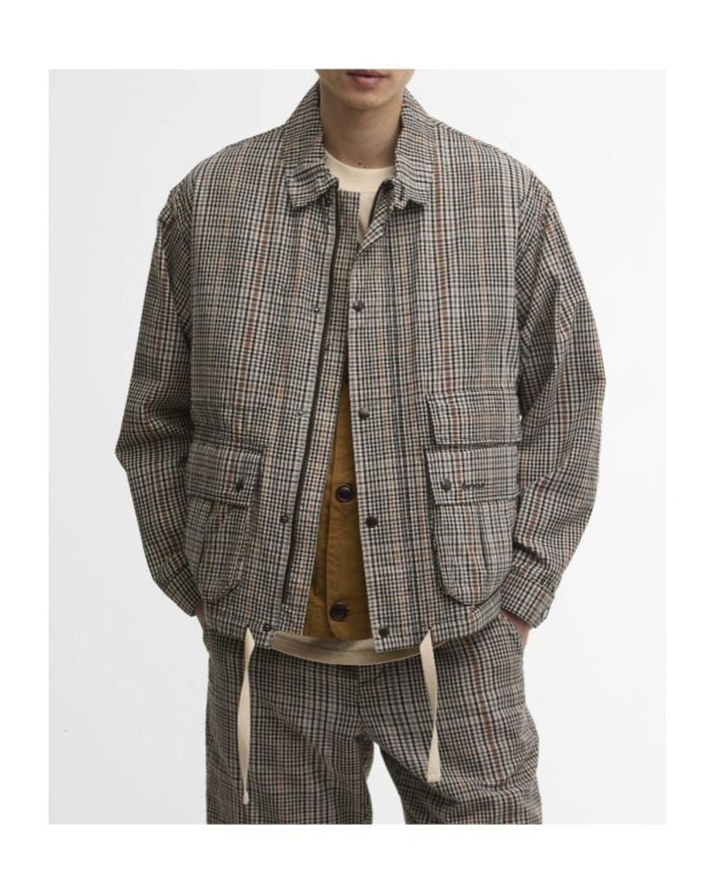 Barbour Gray Plaid-Pattern Drawstring-Hem Coat for men