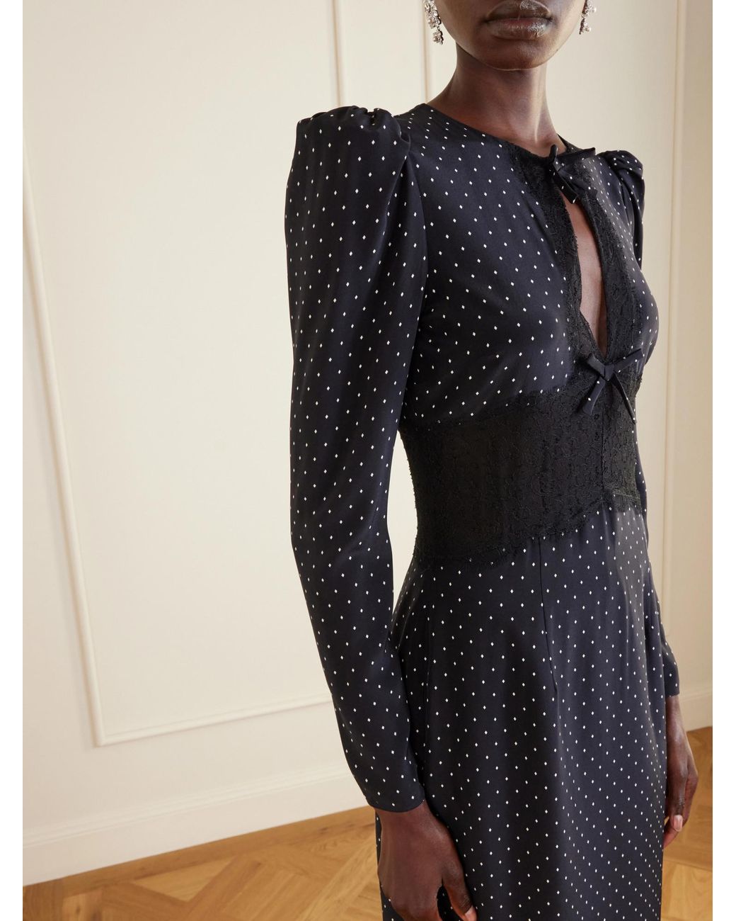Alessandra Rich Black Polka-Dot Silk Midi Dress
