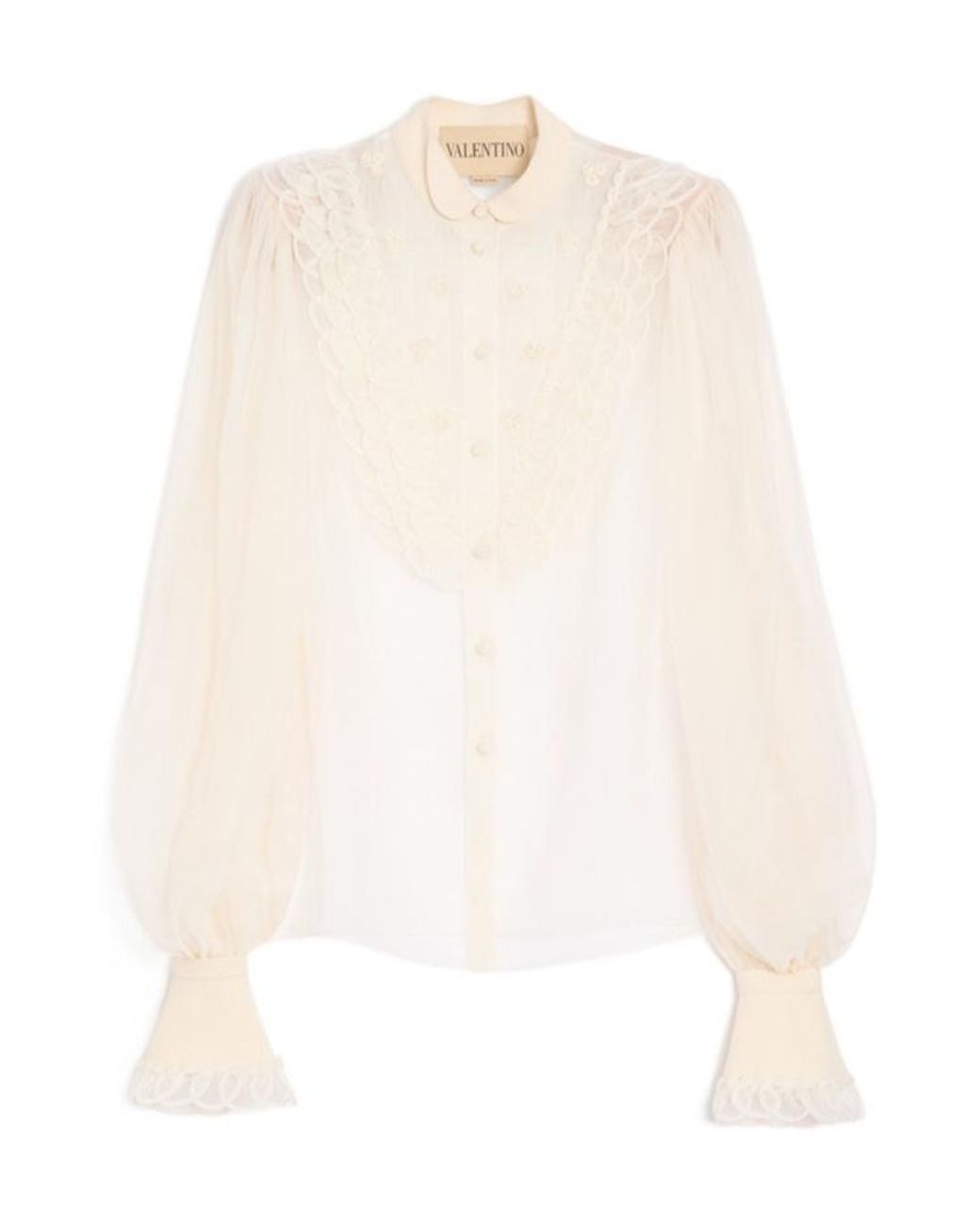 Valentino White Embroidered Organza Puff-Sleeve Top
